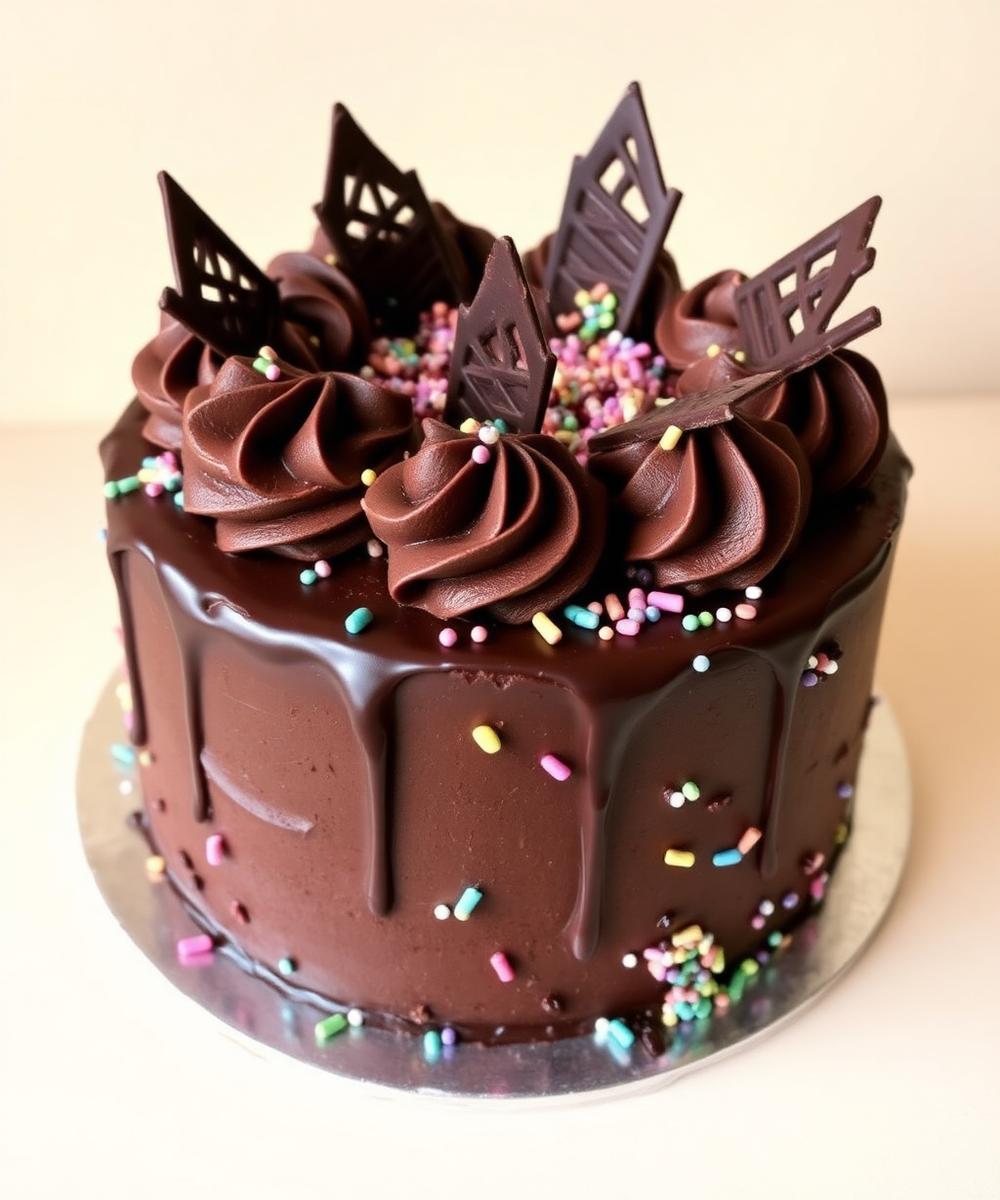 Chocolate celebration cake with chocolate swirls and sprinkles