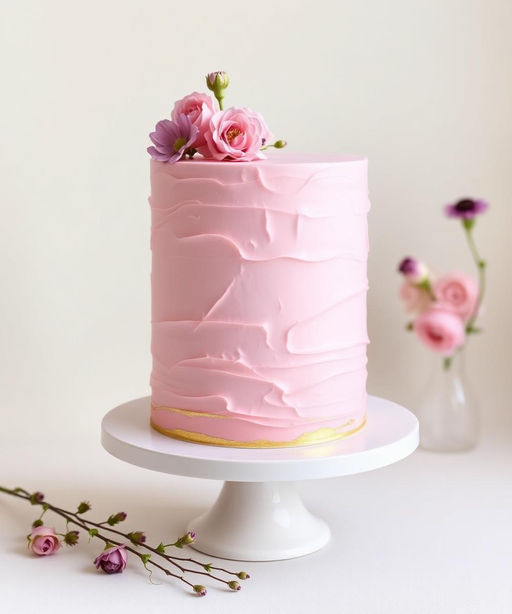 Elegant pink textured buttercream celebration cake with flowers