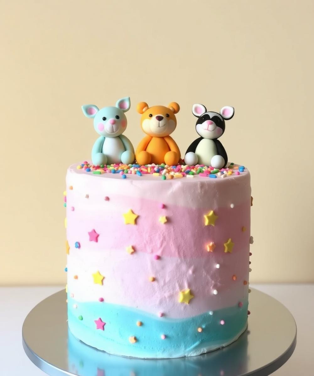 Children's pastel birthday cake with fondant animal toppers