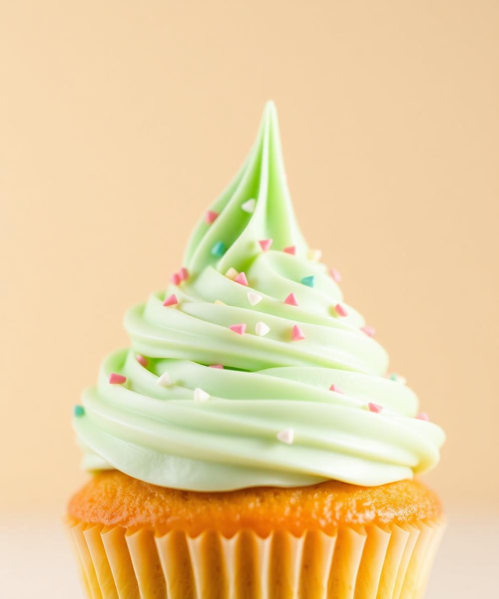 Close-up of a pistachio green buttercream swirl with sprinkles