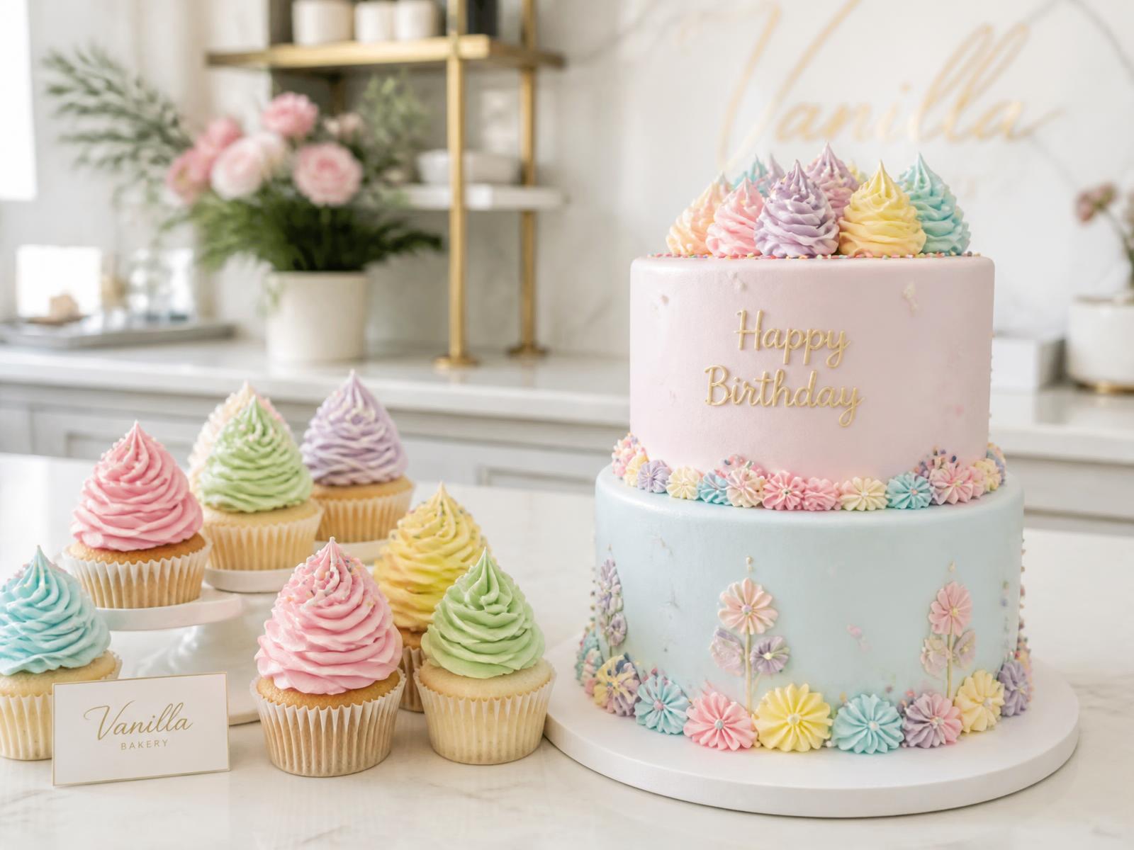 Pastel buttercream cupcakes arranged beside a decorated pastel birthday cake